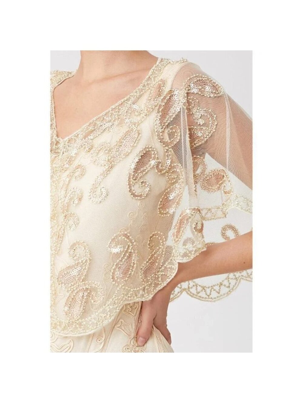 Babeyond 1920s  Shawl Wraps Beaded Evening Cape Bridal Shawl Cover Up (Beige) - Picture 3 of 6